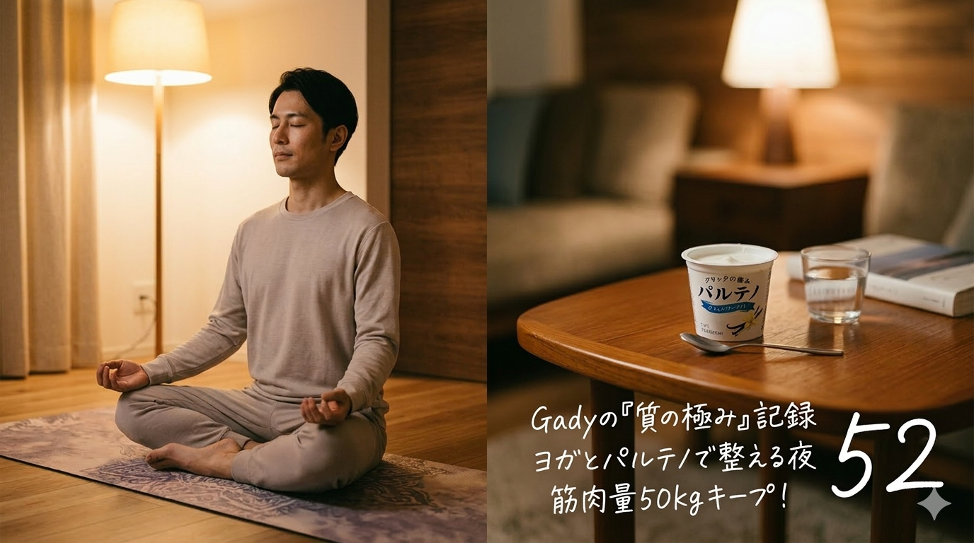 ダイエット52日目の筋トレ報告。腰痛対策のヨガ、三頭筋狙いの腕立て伏せ、パルテノをイメージしたアイキャッチ画像。